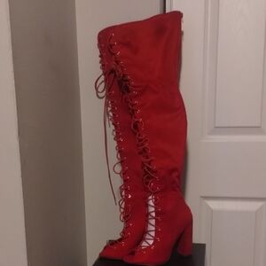 Fashion Nova Red Lace-Up Over-The-Knee Peep-Toe Boots